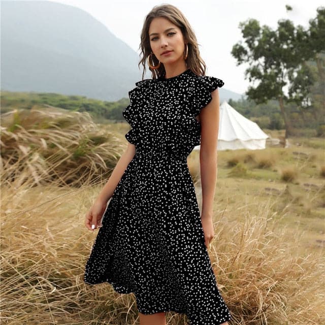 Graceful Heart Dot Sleeve Ruffles Medium Dress