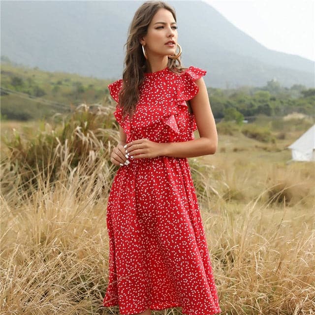 Graceful Heart Dot Sleeve Ruffles Medium Dress