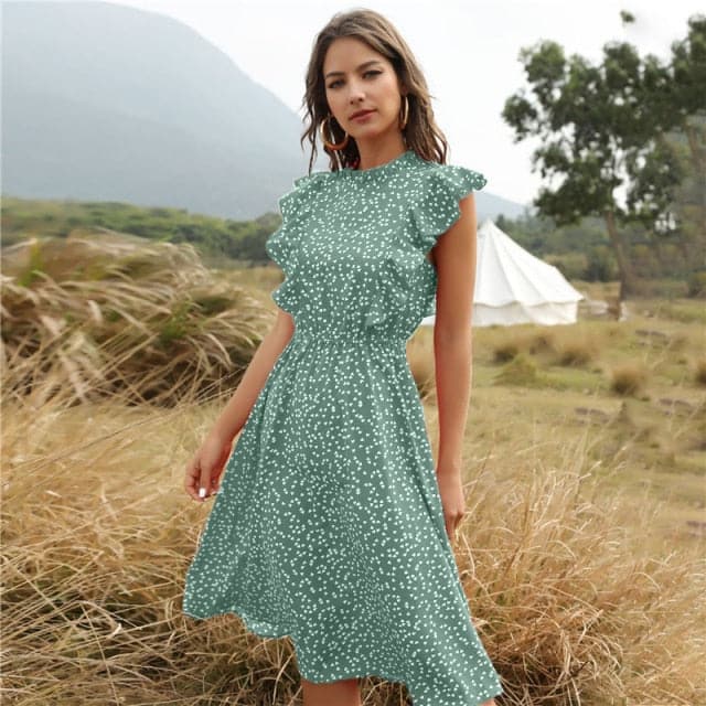 Graceful Heart Dot Sleeve Ruffles Medium Dress