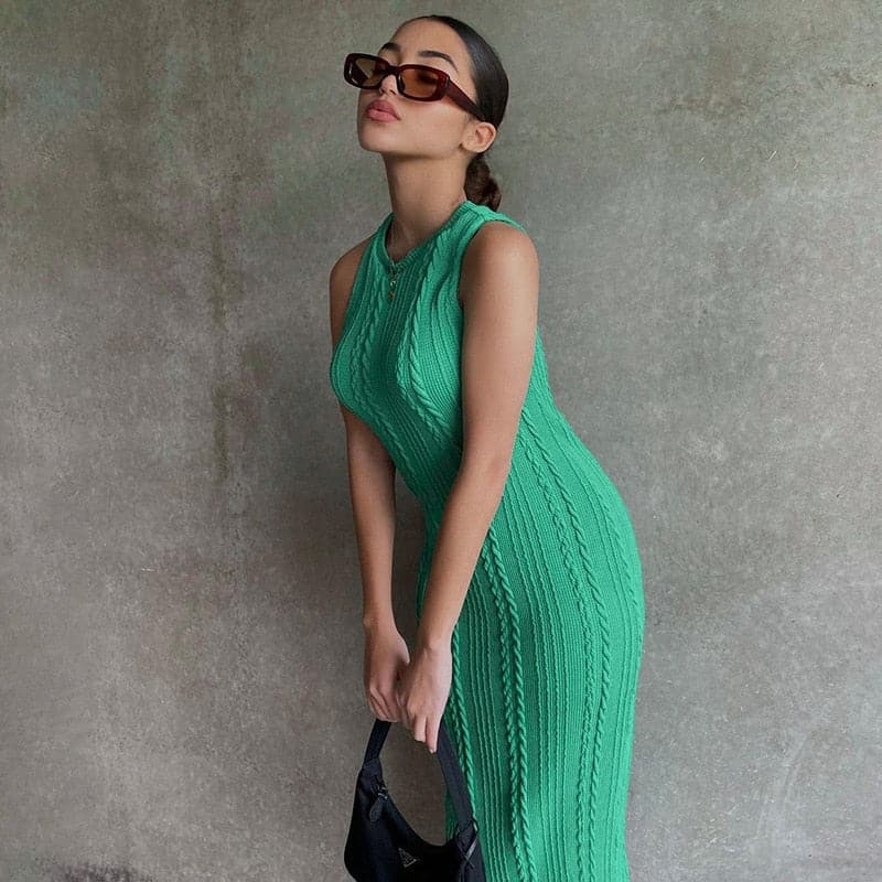 Color Solid Knitted Sleeveless Round Neck Dress