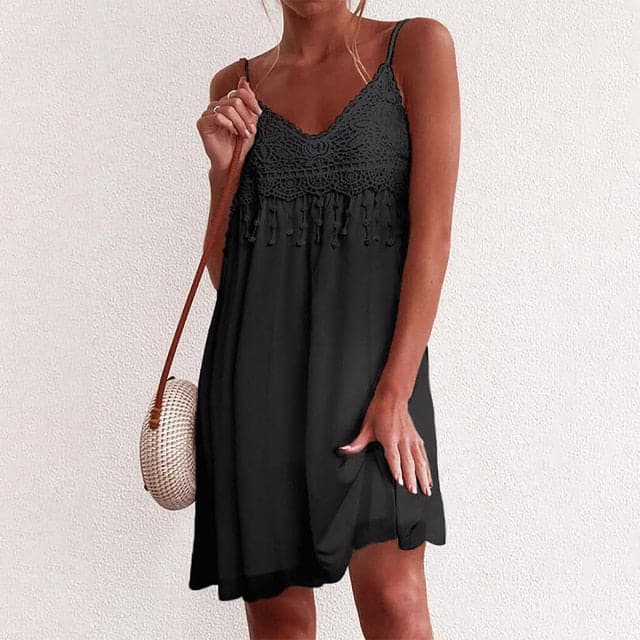 VNeck Strap Open White Lace Sleeveless Loose Refined Mini Dress