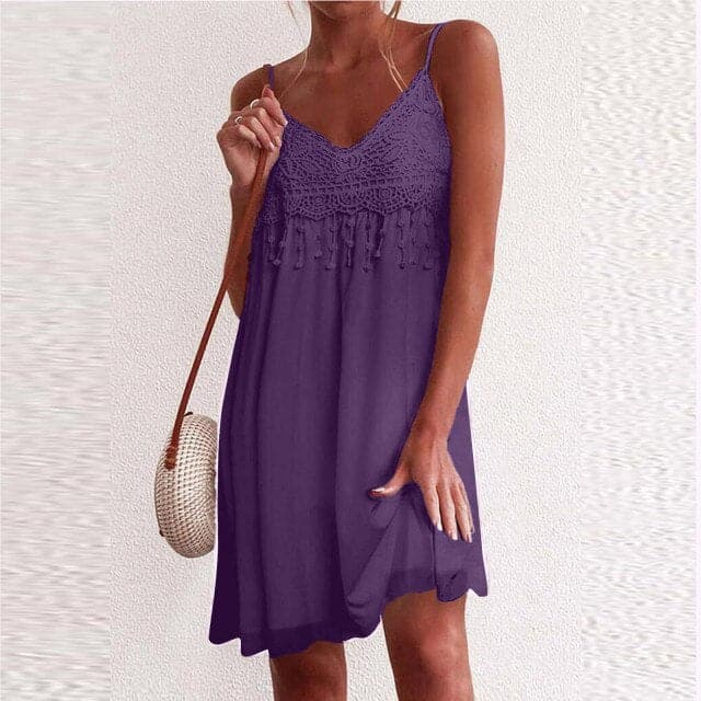VNeck Strap Open White Lace Sleeveless Loose Refined Mini Dress