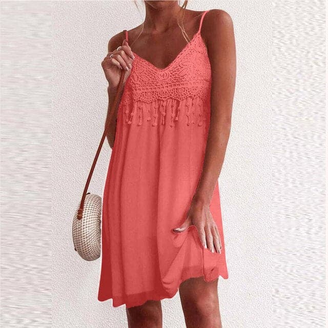 VNeck Strap Open White Lace Sleeveless Loose Refined Mini Dress