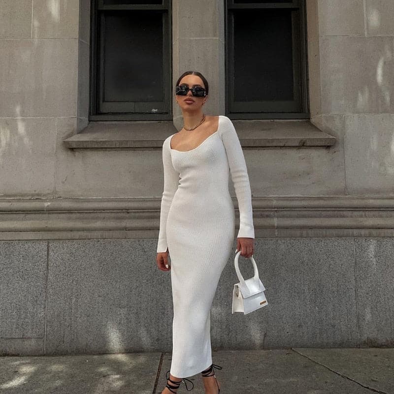 Square Neck Long Sleeve Gentle Sweater Dress