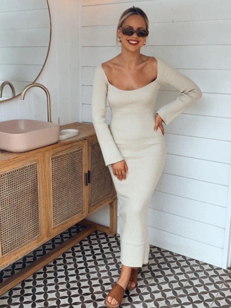 Square Neck Long Sleeve Gentle Sweater Dress