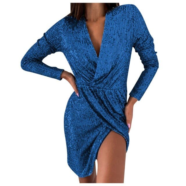 Solid New Color Vneck Mesh Stitching Hem Slit Dress