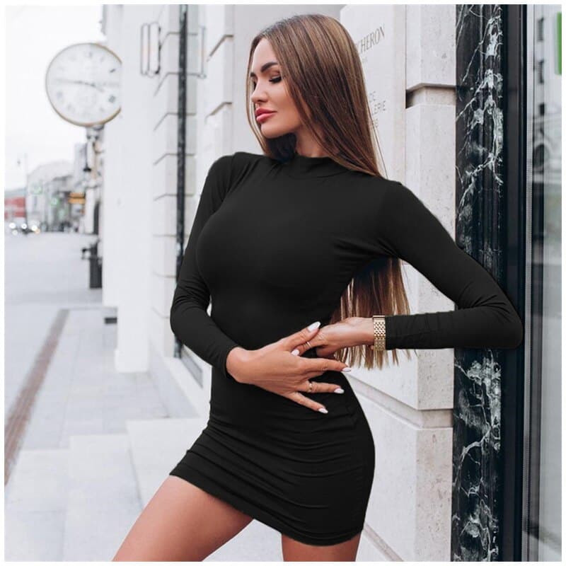 Color Solid Turtleneck Skinny Mini Dress