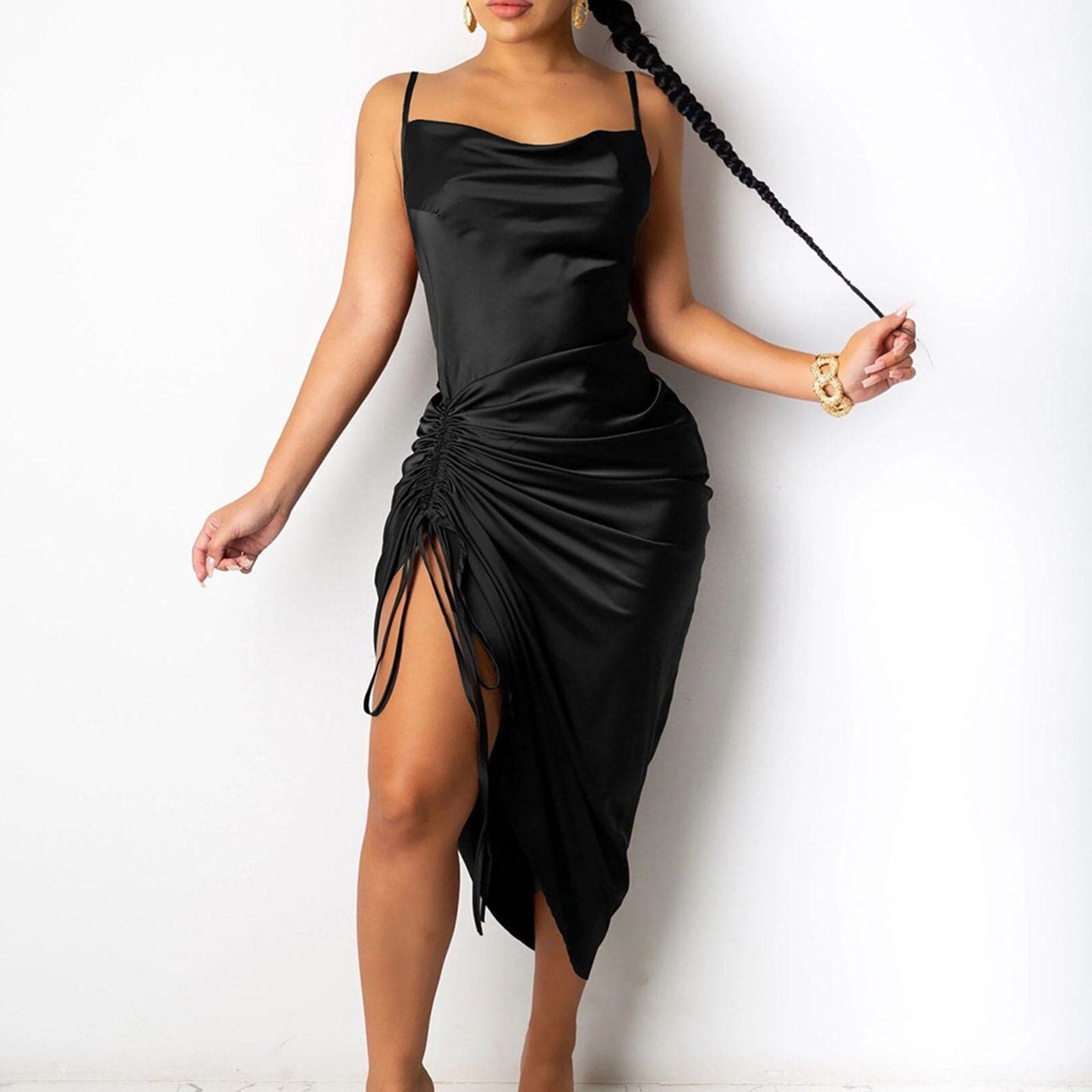 Satin Ruched Summer Dress Drawstring Spaghetti Straps Cowl Neck Backless Long Dresses for Women Party
