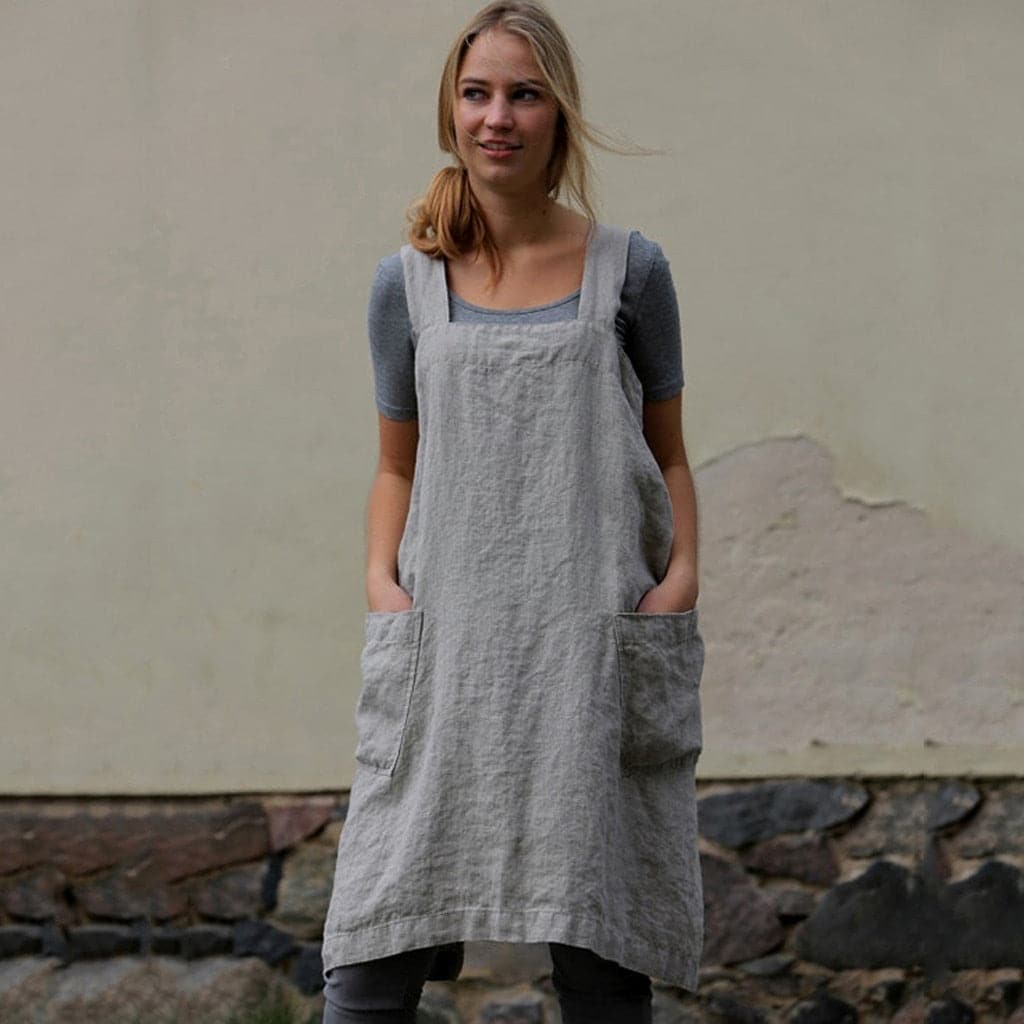 Square Female Cross Apron Dresses Women Cotton Linen Pinafore Dresses