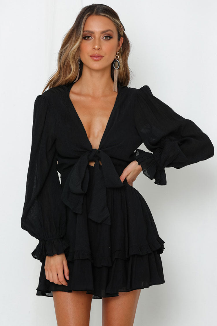 Sleeve Balloon Ruffle Bow Tie V Neck Chiffon Mini Dress - Black