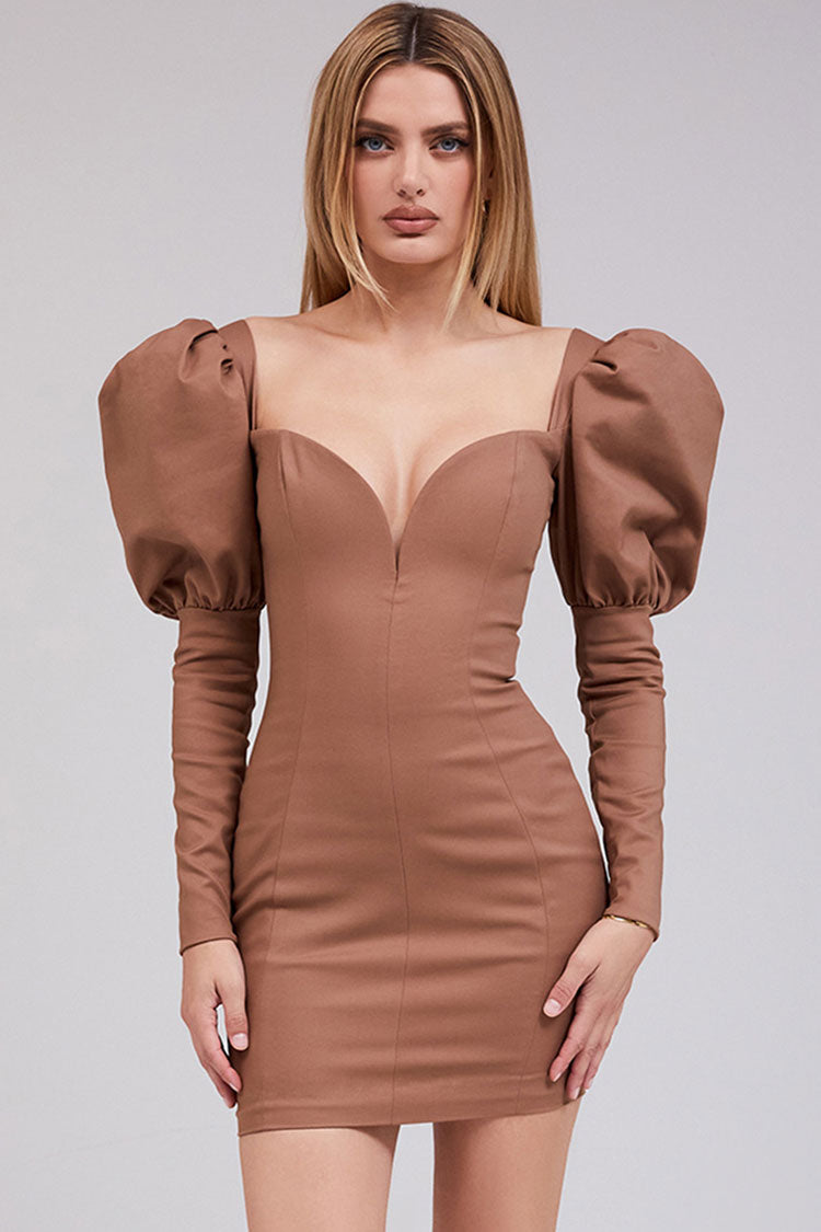 Sleeve Puff Deep V Bodycon Cocktail Party Mini Dress - Coffee
