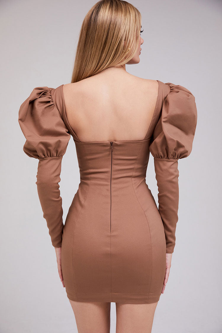 Sleeve Puff Deep V Bodycon Cocktail Party Mini Dress - Coffee