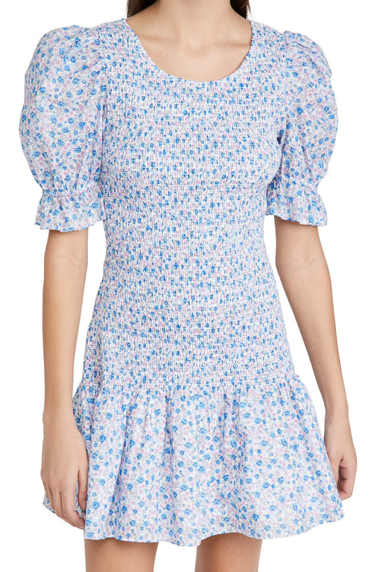 Puff Sleeve Ditsy Bloom Smocked Summer Mini Dress - Blue