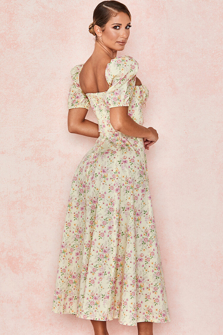 Puff Sleeve Ditsy Bloom Tie Front High Slit Midi Dress - Light Yellow