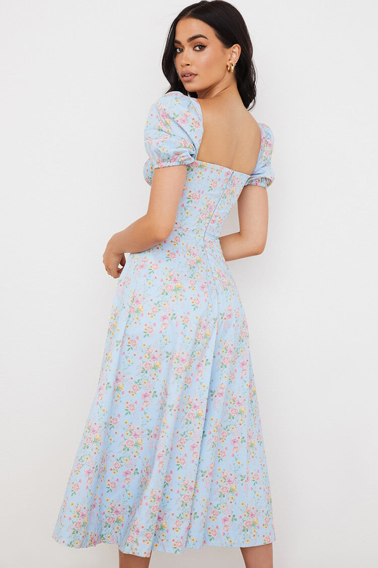 Puff Sleeve Ditsy Bloom Tie Front High Slit Midi Dress - Sky Blue
