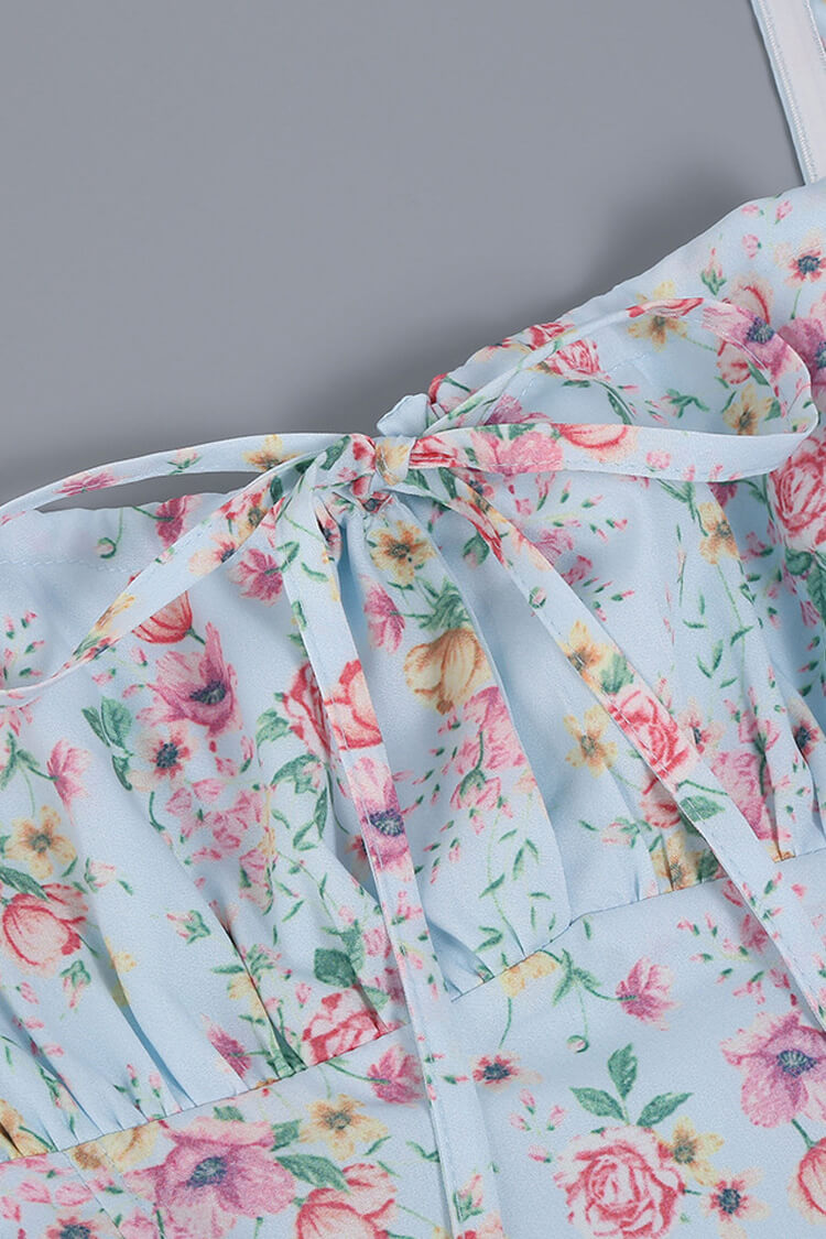 Puff Sleeve Ditsy Bloom Tie Front High Slit Midi Dress - Sky Blue