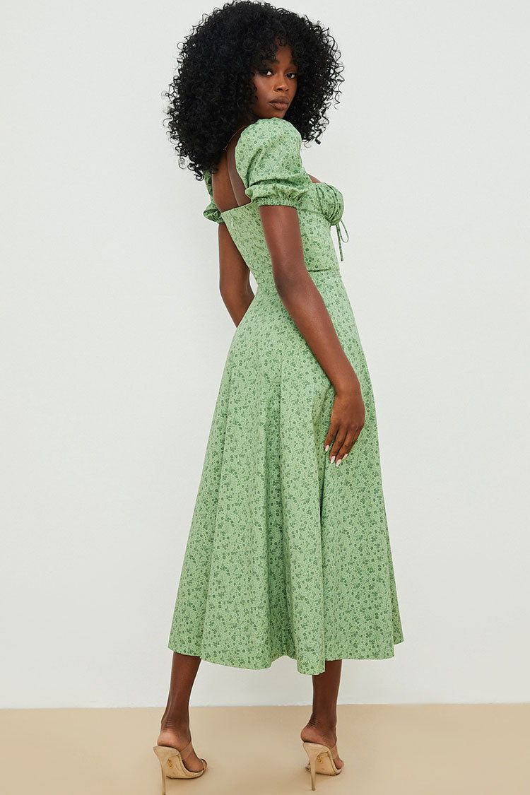 Puff Sleeve Ditsy Bloom Tie Front High Slit Midi Dress - Green
