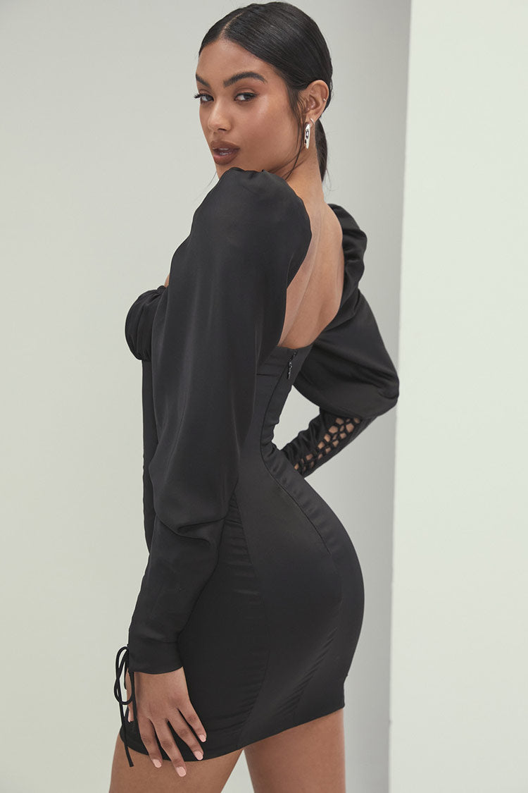 Sleeve Puff Self Tie Square Neck Bodycon Mini Dress - Black