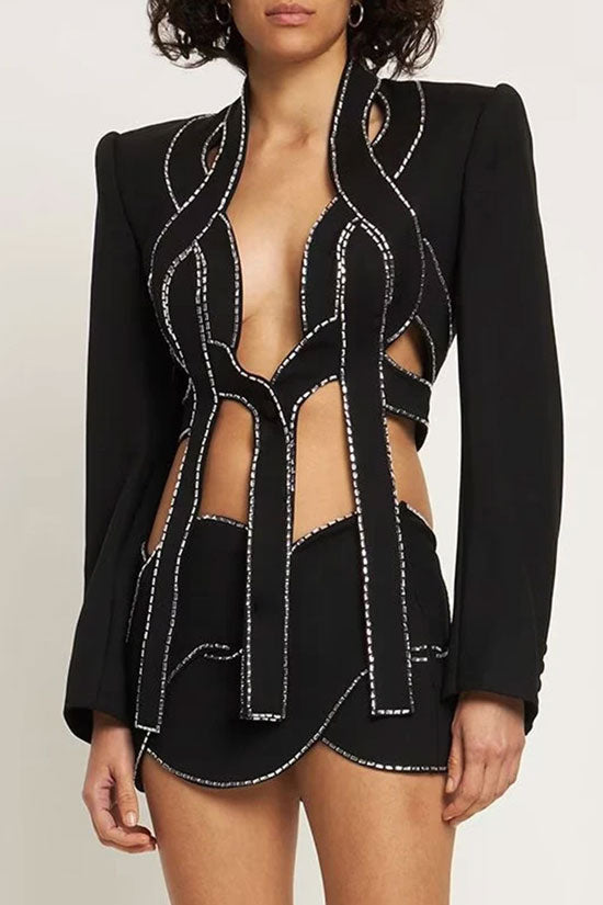 Rhinestone Punk Braided Rope Cutout Crop Blazer Two Piece Mini Dress - Black