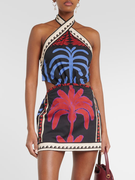Summer Unique Print Halter Neck Mini Dress