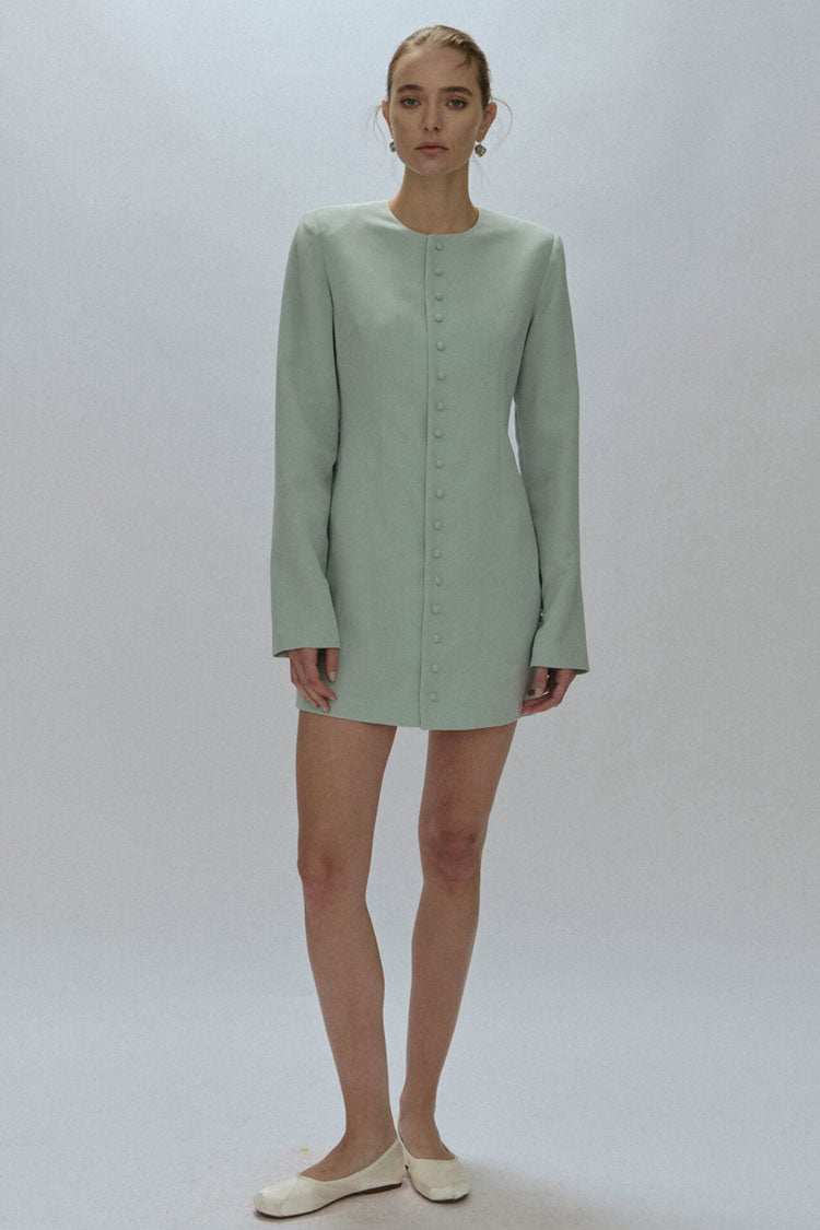 Quiet Upscale Crew Neck Single Breasted Long Sleeve Mini Dress -Lake Blue