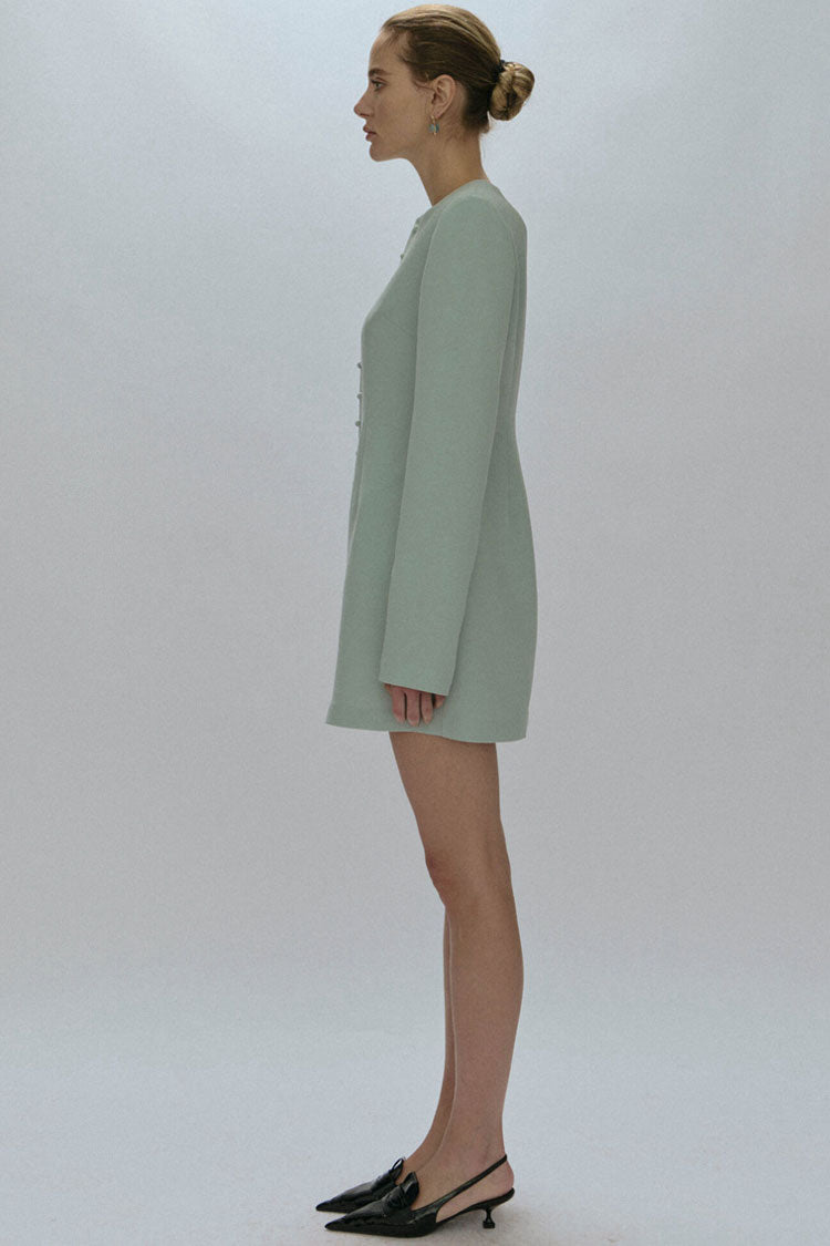 Quiet Upscale Crew Neck Single Breasted Long Sleeve Mini Dress -Lake Blue