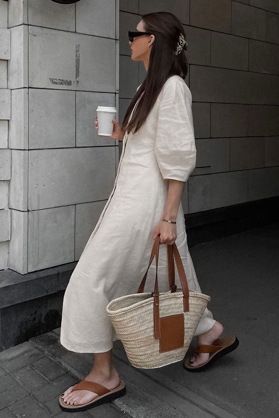 V Ralaxed Neck Button Up Puff Sleeve Linen Blend Midi Dress - Off White