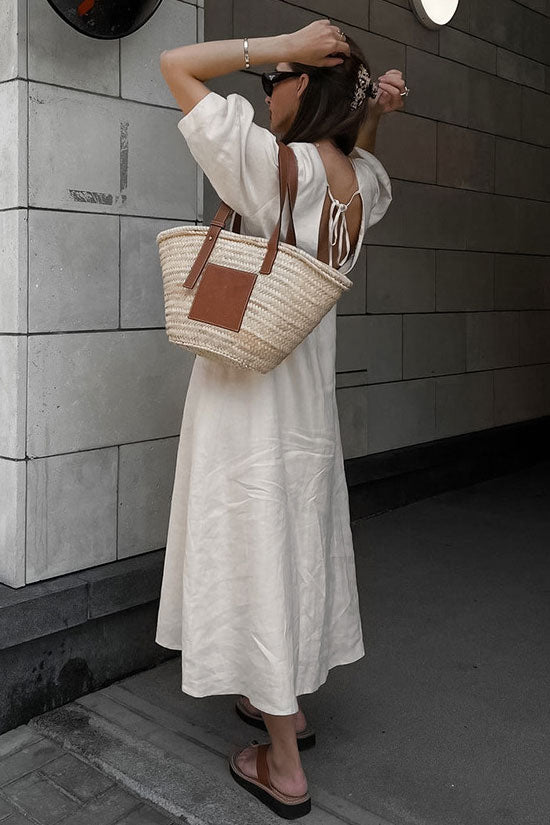 V Ralaxed Neck Button Up Puff Sleeve Linen Blend Midi Dress - Off White