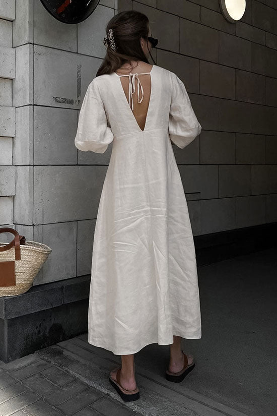 V Ralaxed Neck Button Up Puff Sleeve Linen Blend Midi Dress - Off White