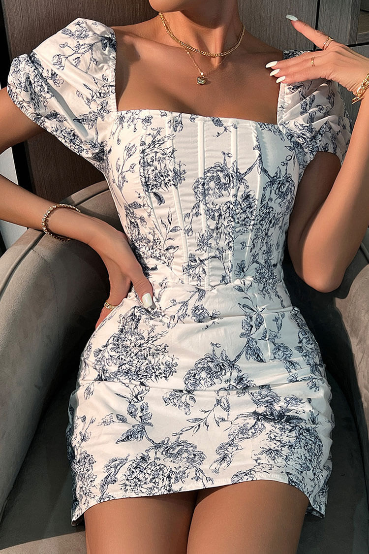 Refine Square Neck Short Sleeve Botanical Print Corset Party Mini Dress - White
