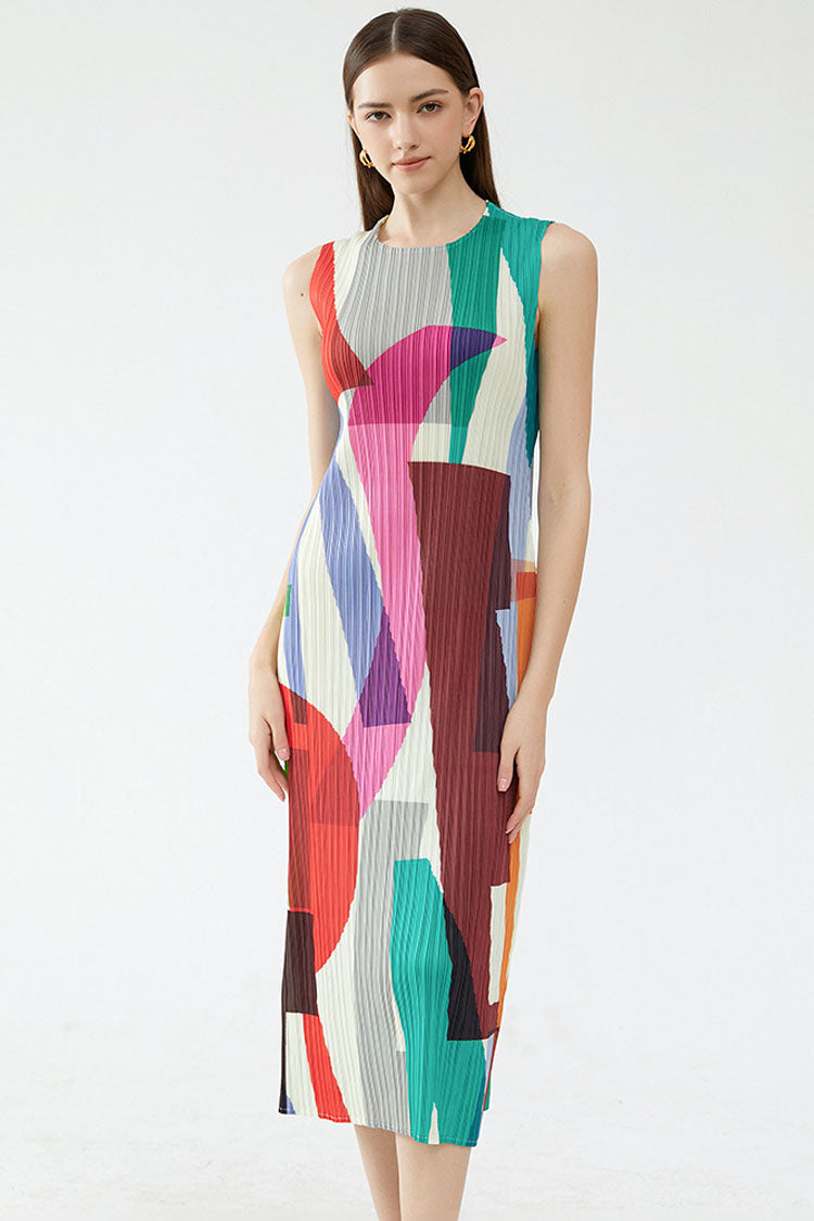 Color Relaxed Block Sheath Pleated Sleeveless Midi Dress - Multicolor