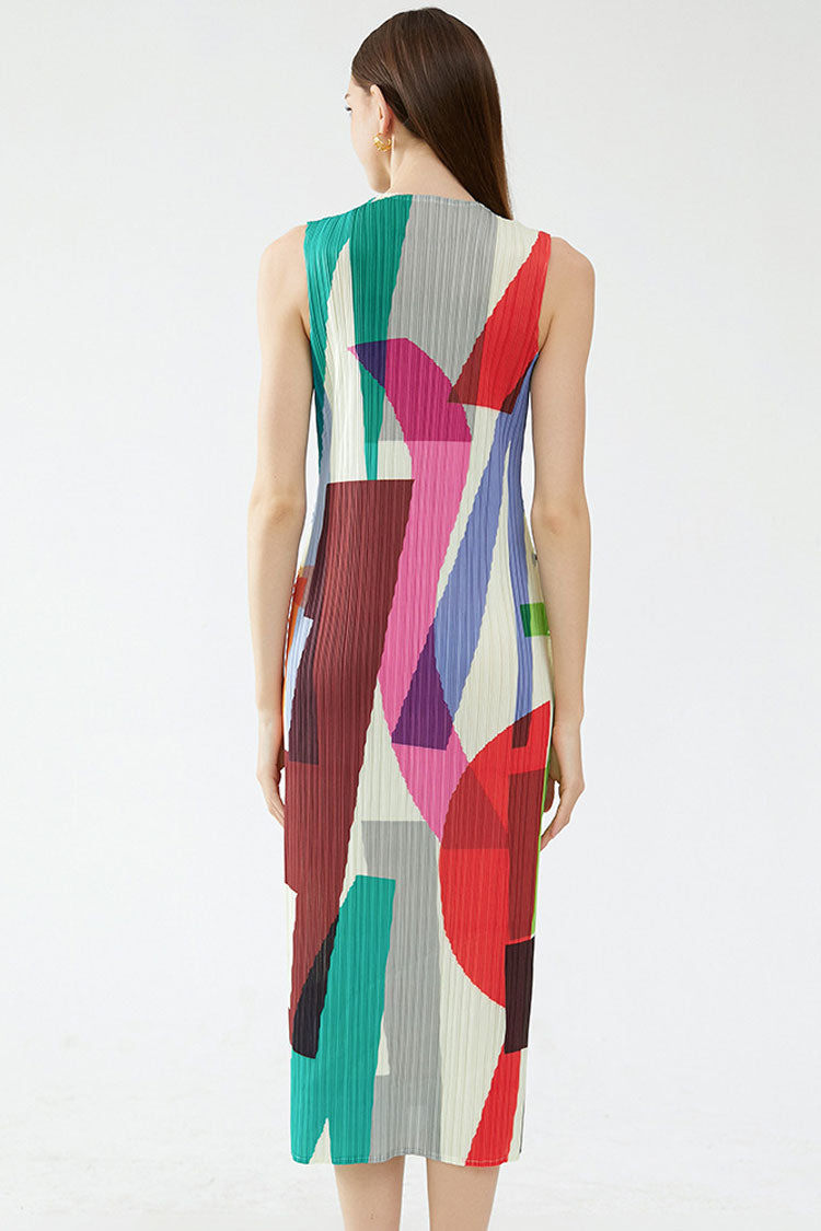 Color Relaxed Block Sheath Pleated Sleeveless Midi Dress - Multicolor