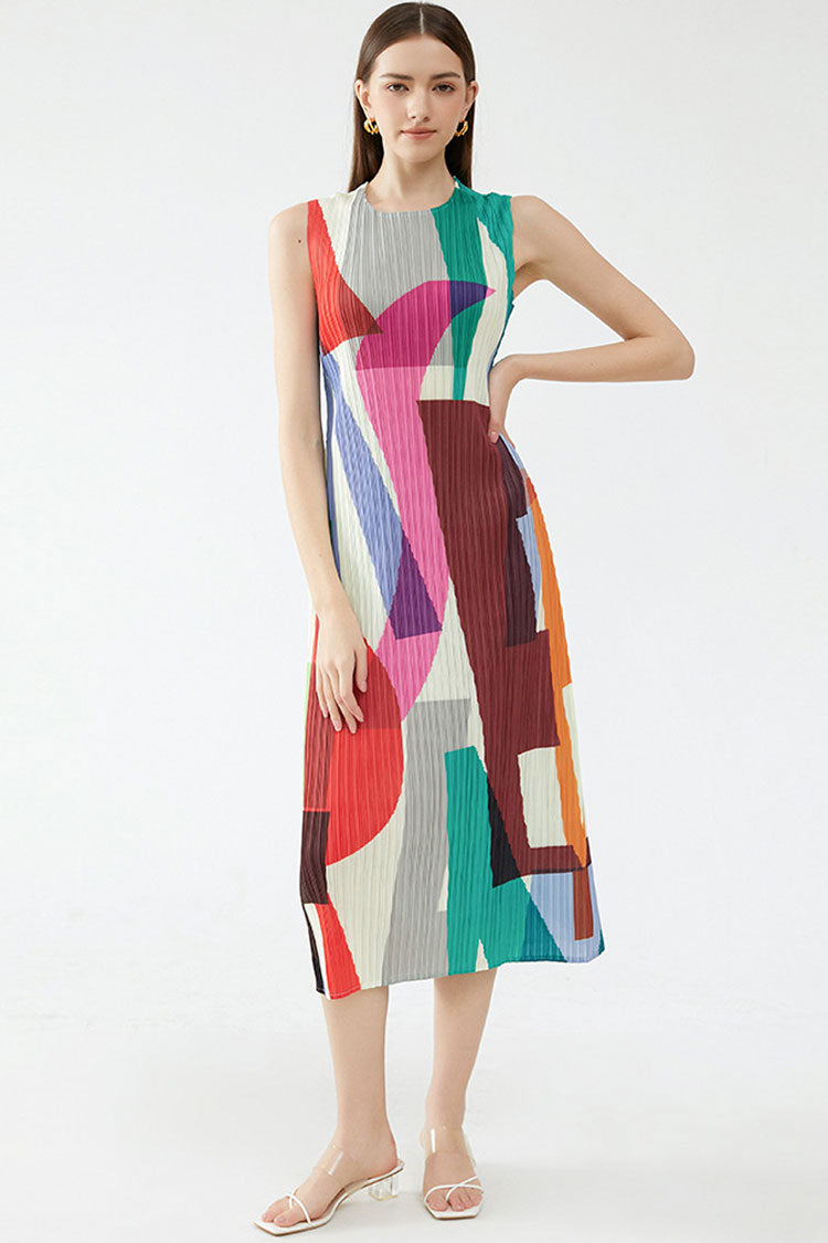 Color Relaxed Block Sheath Pleated Sleeveless Midi Dress - Multicolor