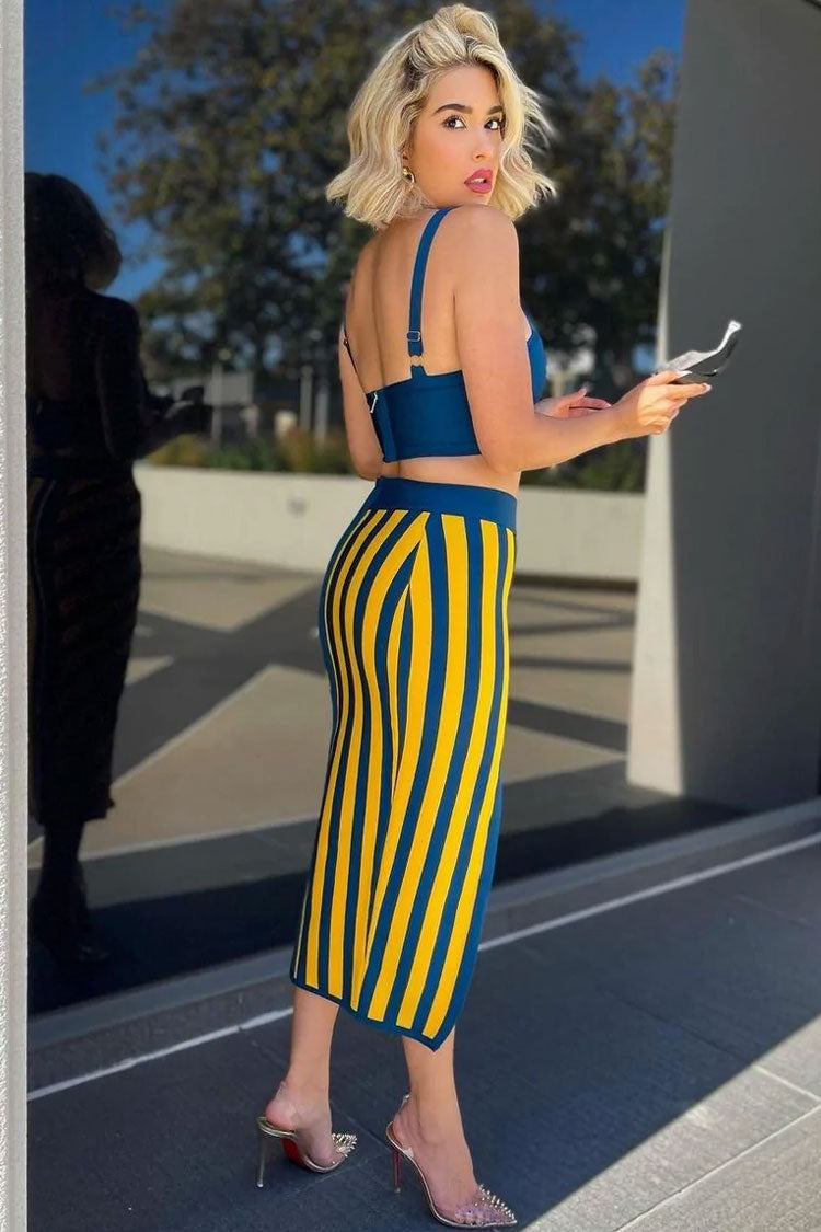 Crop Retro Tank High Waist Front Split Skirt Two Piece Midi Dress - Stripe