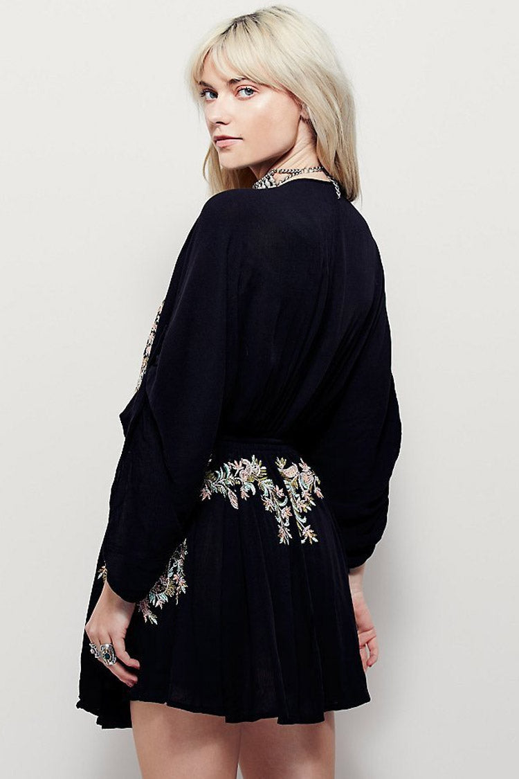 Embroidered Retro Deep V Sleeved Boho Style Mini Dress - Black