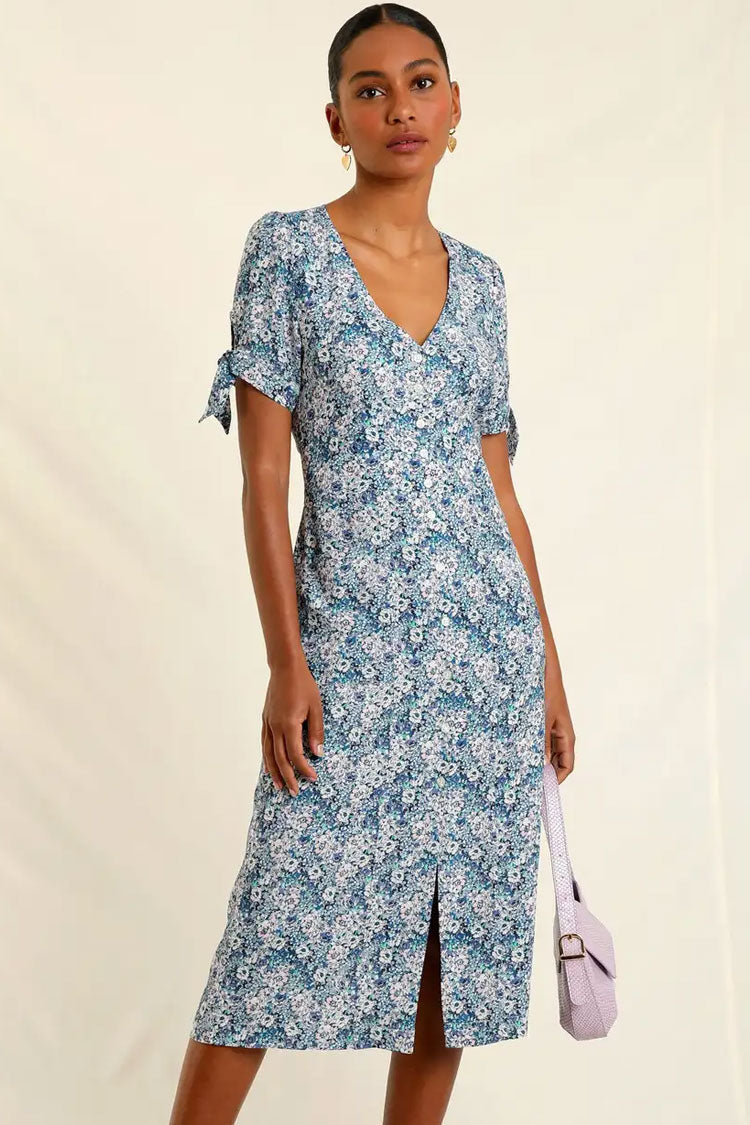 Retro Bloom Print Tie Sleeve Button Up French Shirt Midi Dress - Blue