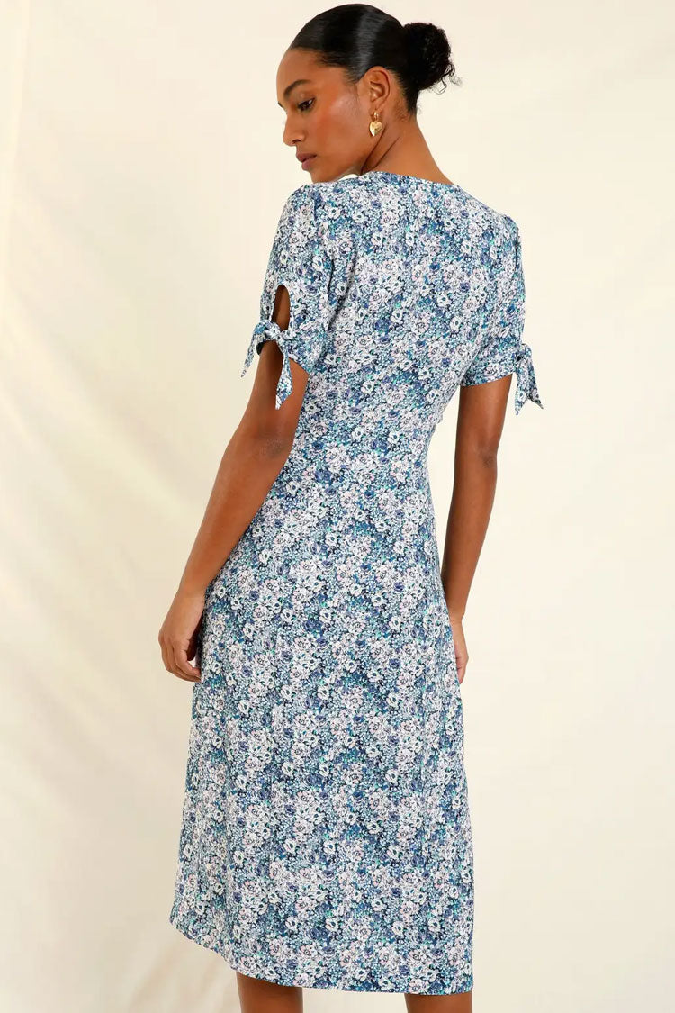 Retro Bloom Print Tie Sleeve Button Up French Shirt Midi Dress - Blue