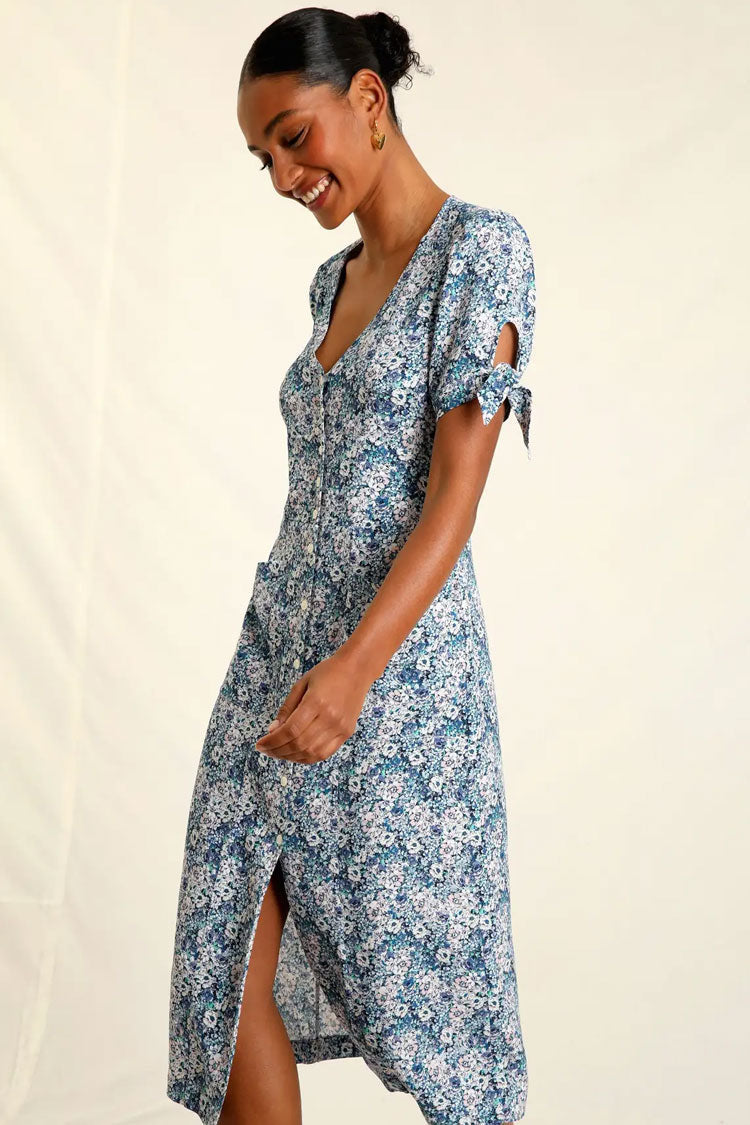 Retro Bloom Print Tie Sleeve Button Up French Shirt Midi Dress - Blue