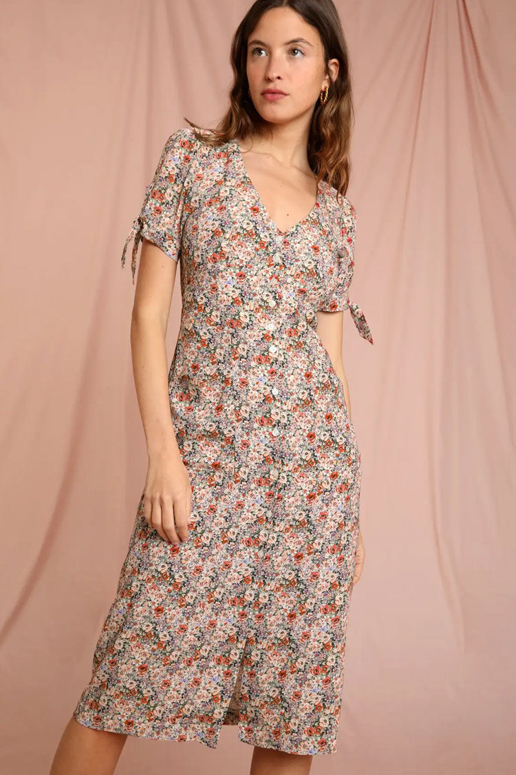 Retro Bloom Print Tie Sleeve Button Up French Shirt Midi Dress - Red