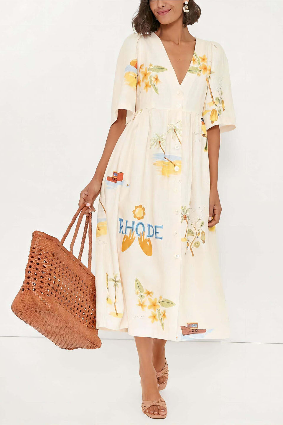 Chic Yolaina Printed Linen Midi Dress Silhouette Collection