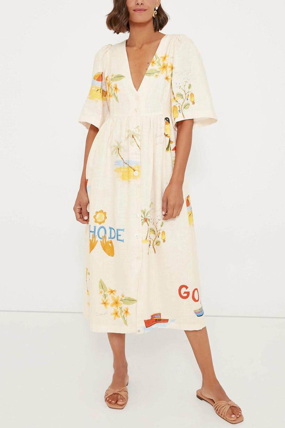 Chic Yolaina Printed Linen Midi Dress Silhouette Collection