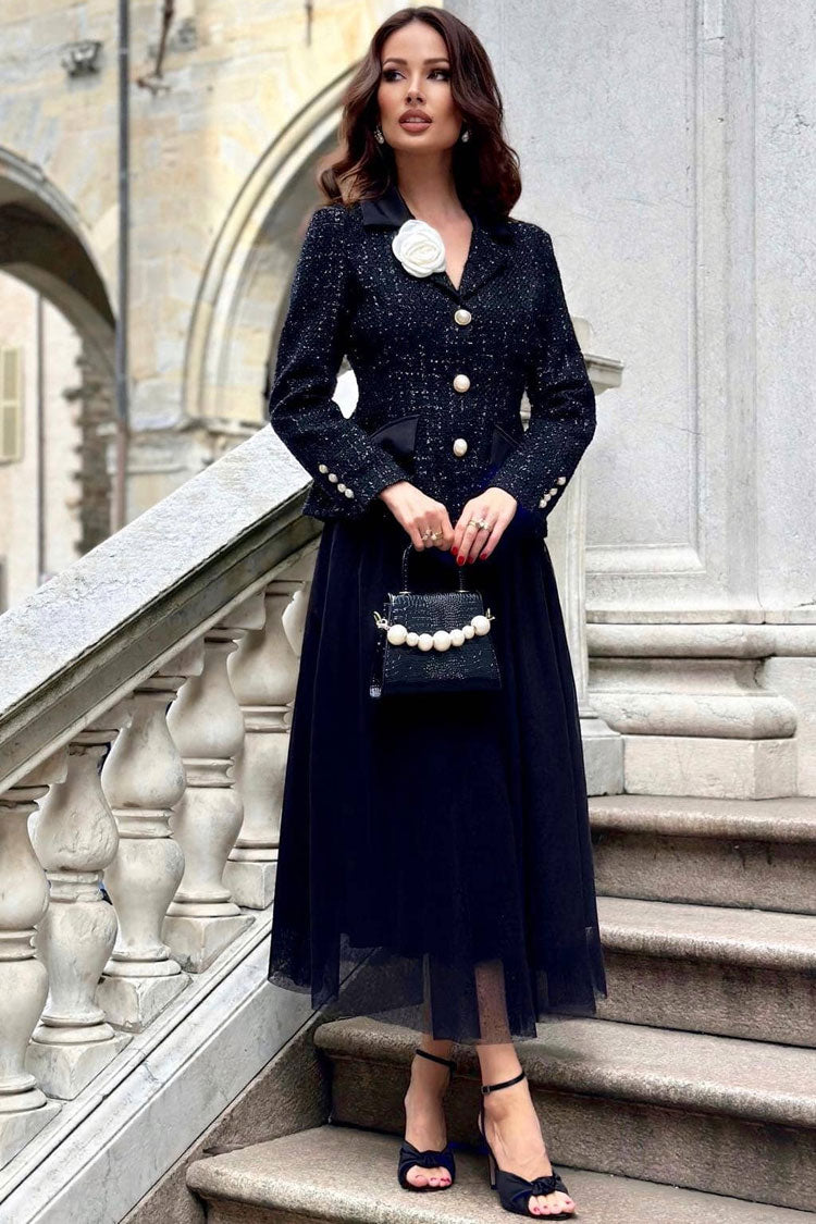 3D Romantic Flower Lapel Cinched Tweed Blazer Two Piece Midi Dress - Black