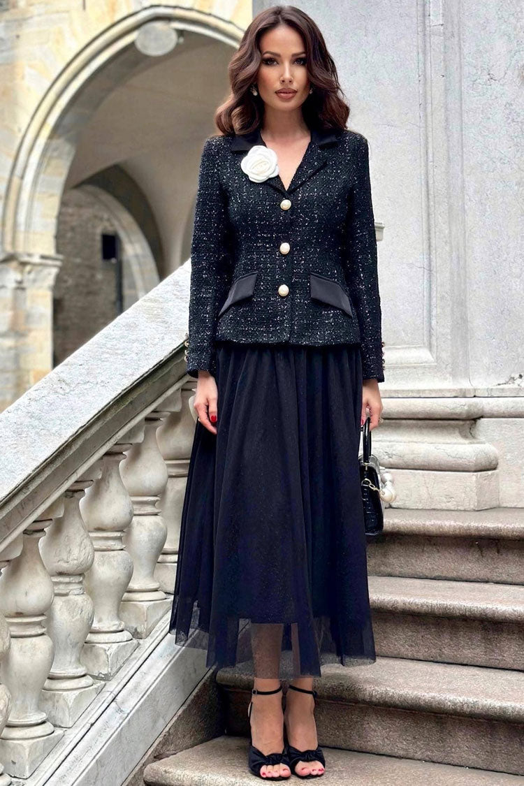 3D Romantic Flower Lapel Cinched Tweed Blazer Two Piece Midi Dress - Black
