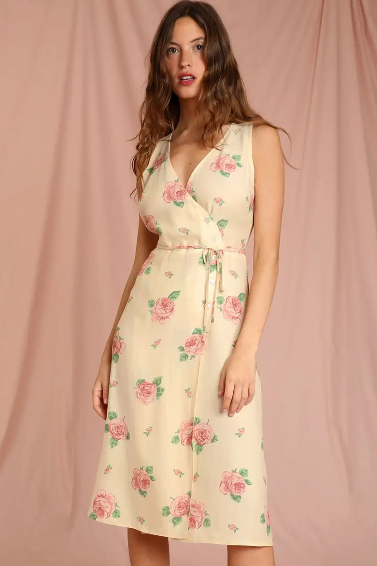 Rose Romantic Printed Sleeveless French Wrap Midi Dress - Yellow