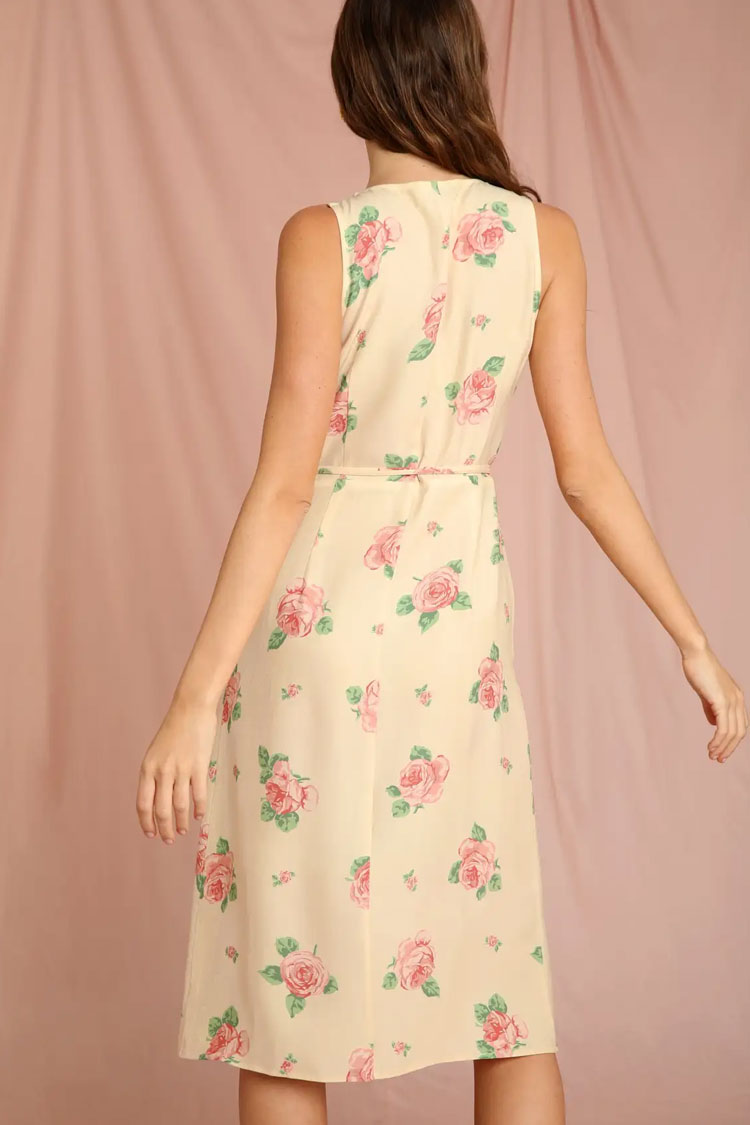 Rose Romantic Printed Sleeveless French Wrap Midi Dress - Yellow