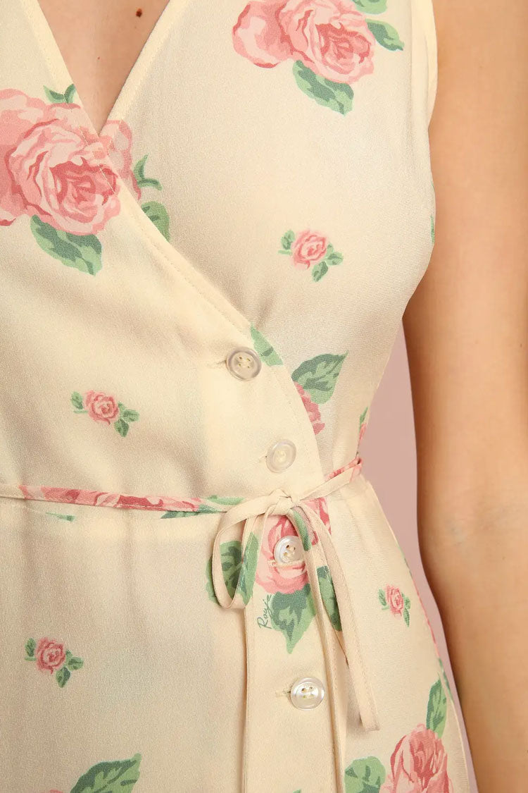 Rose Romantic Printed Sleeveless French Wrap Midi Dress - Yellow