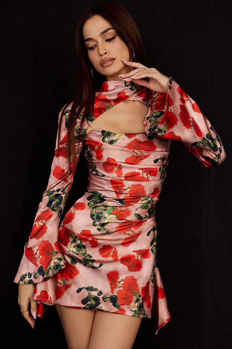 Printed Rose High Neck Cutout Long Sleeve Mini Dress - Red
