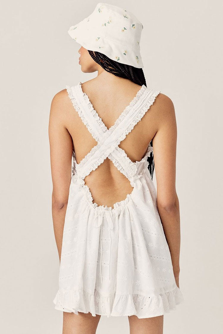 Ruffle Eyelet Bloom Embroidered Sleeveless Babydoll Mini Dress - White