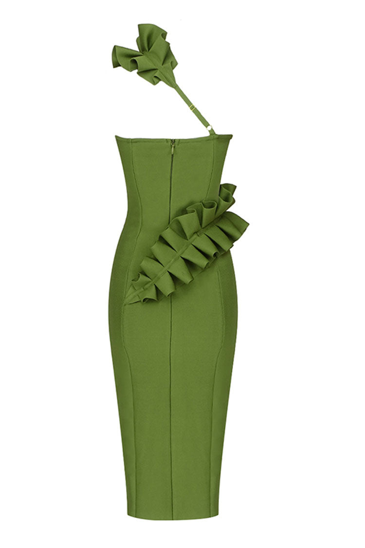 One Ruffle Shoulder Bandage Cocktail Party Midi Dress - Green