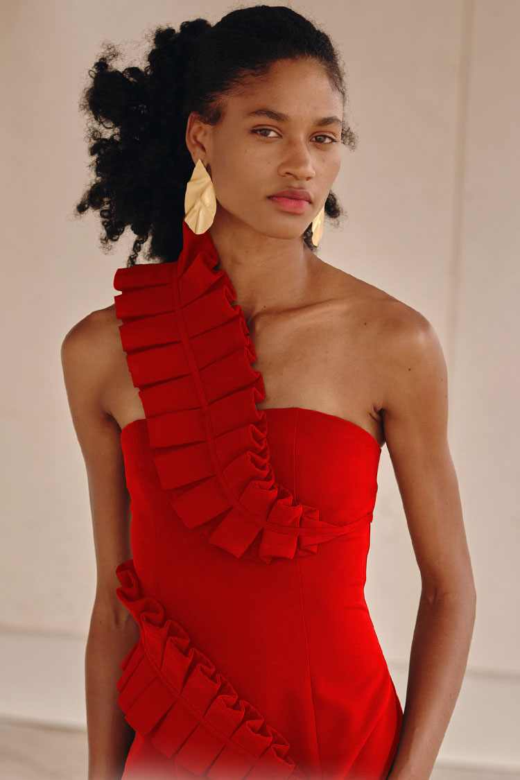 One Ruffle Shoulder Bandage Cocktail Party Midi Dress - Red